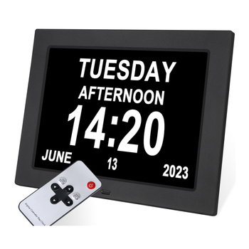 Ceas inteligent cu alarmă de 8,7 inch pentru vârstnici, cu font mare, calendar și ramă foto, reminder pentru medicamente, redare muzică și video, rezoluție 1024x768, luminozitate 350 lm, suport SD/USB/MMC