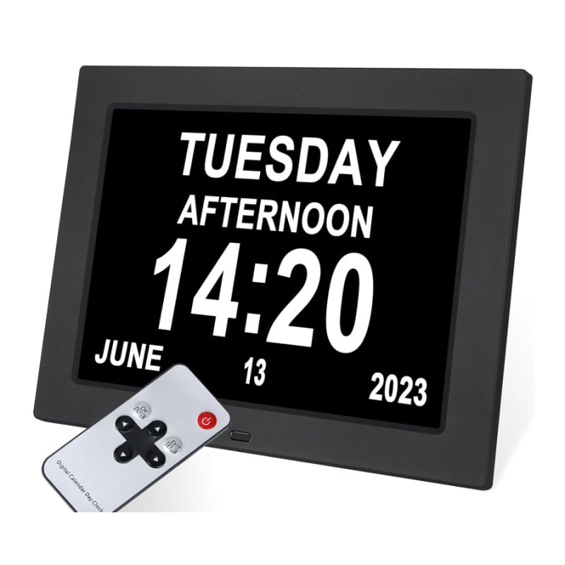 Ceas inteligent cu alarmă de 8,7 inch pentru vârstnici, cu font mare, calendar și ramă foto, reminder pentru medicamente, redare muzică și video, rezoluție 1024x768, luminozitate 350 lm, suport SD/USB/MMC