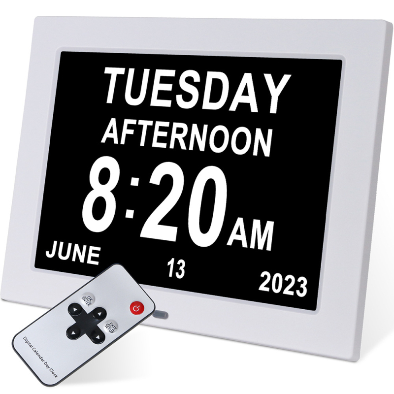 Ceas inteligent cu alarmă de 8,7 inch pentru vârstnici, cu font mare, calendar și ramă foto, reminder pentru medicamente, redare muzică și video, rezoluție 1024x768, luminozitate 350 lm, suport SD/USB/MMC