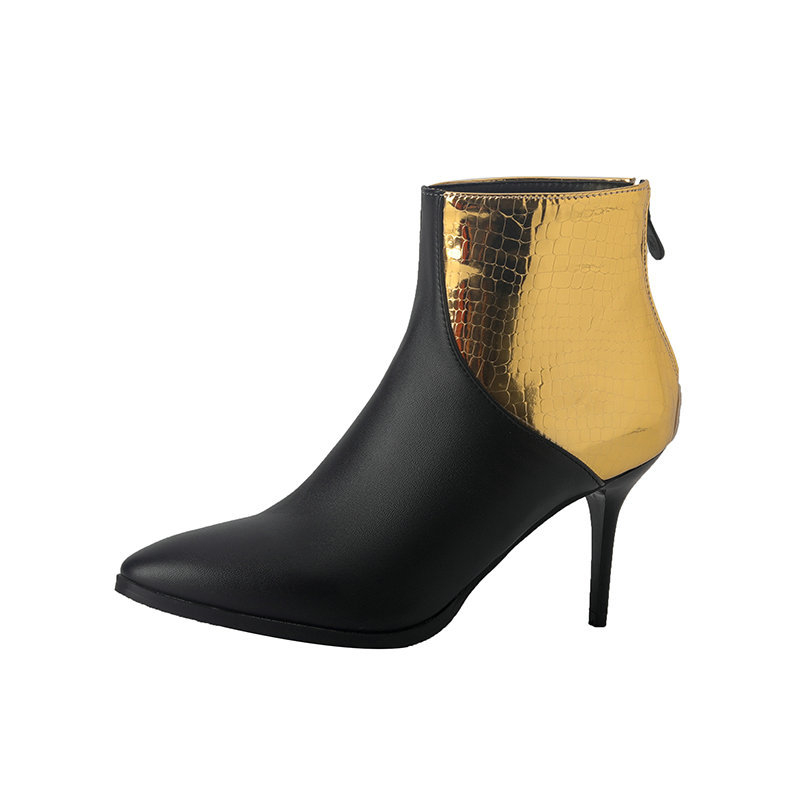 Női bokacsizma fekete-fehér mintával, hegyes orr, hátsó cipzár, rövid szárú, stilettó sarkú