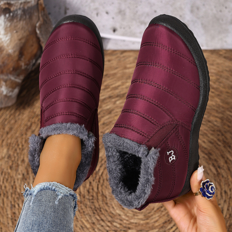 Női hócsizmák fleece-béléssel, középső szármagasság, kerek orr, slip-on, szigetelt téli cipő, PU talp