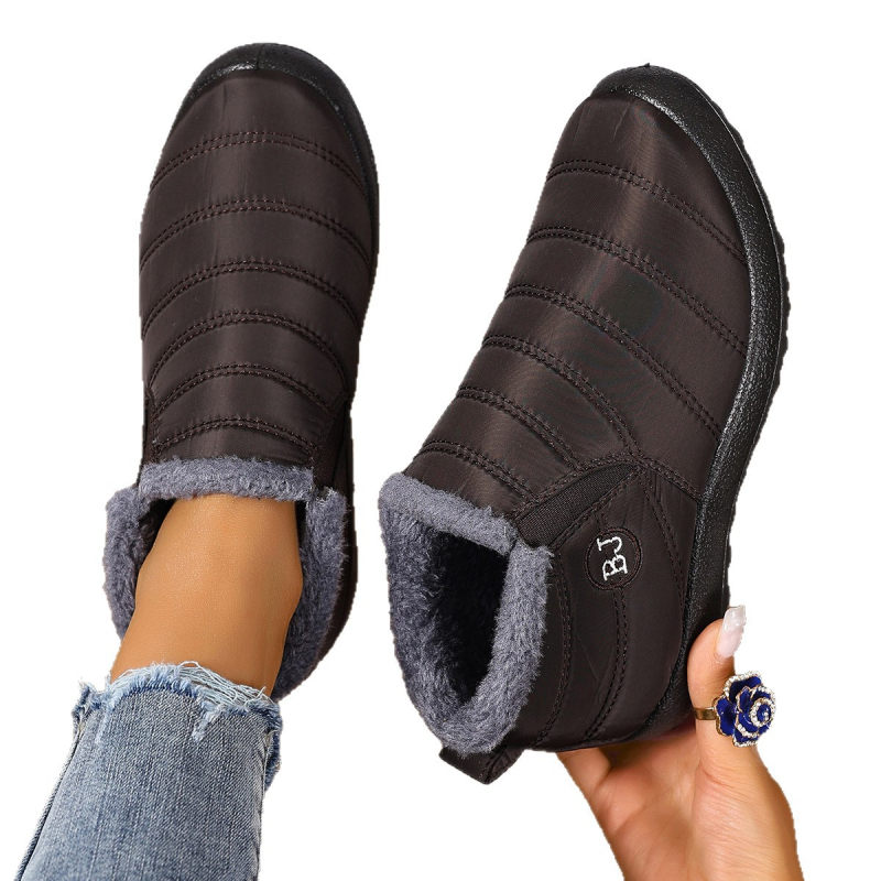 Női hócsizmák fleece-béléssel, középső szármagasság, kerek orr, slip-on, szigetelt téli cipő, PU talp