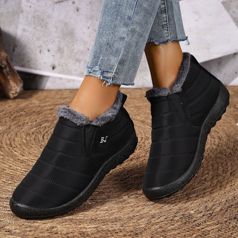 Női hócsizmák fleece-béléssel, középső szármagasság, kerek orr, slip-on, szigetelt téli cipő, PU talp