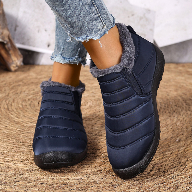Női hócsizmák fleece-béléssel, középső szármagasság, kerek orr, slip-on, szigetelt téli cipő, PU talp