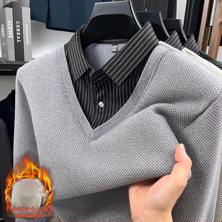 Polo tričko z pletenej fleecovej podšivky, dlhý rukáv, úzky strih, jednofarebný vzor, patchwork detail