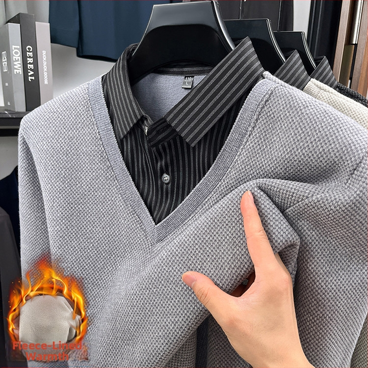 Megztinis polo marškiniai su fliso įdėklu, ilgos rankovės, prigludęs kirpimas, viengubas raštas, patchwork detalė