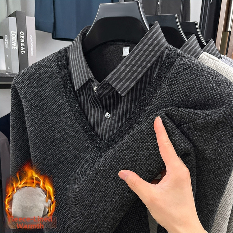 Megztinis polo marškiniai su fliso įdėklu, ilgos rankovės, prigludęs kirpimas, viengubas raštas, patchwork detalė