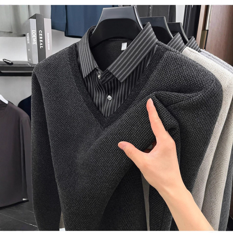 Megztinis polo marškiniai su fliso įdėklu, ilgos rankovės, prigludęs kirpimas, viengubas raštas, patchwork detalė