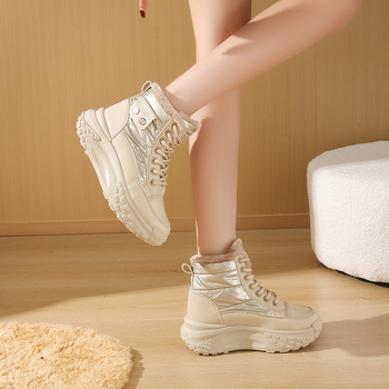 Дамски пухено подплатени високи снегоботи, горен материал: изкуствена кожа, гумена подметка, кръгла пръст, нисък крачол, slip-on, за зима