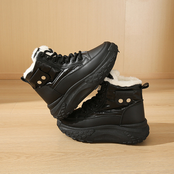 Дамски пухено подплатени високи снегоботи, горен материал: изкуствена кожа, гумена подметка, кръгла пръст, нисък крачол, slip-on, за зима