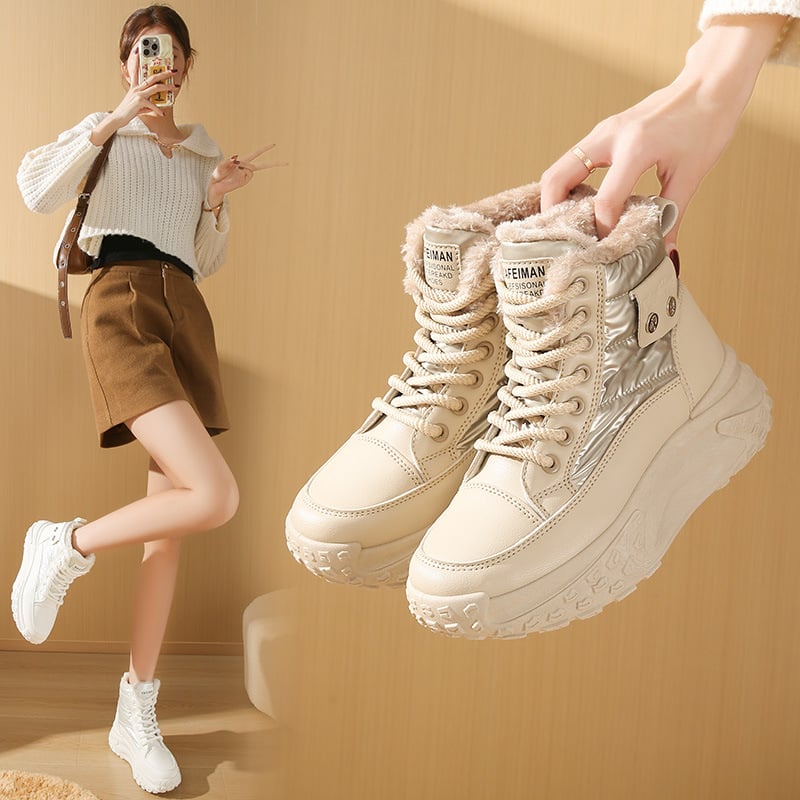 Дамски пухено подплатени високи снегоботи, горен материал: изкуствена кожа, гумена подметка, кръгла пръст, нисък крачол, slip-on, за зима