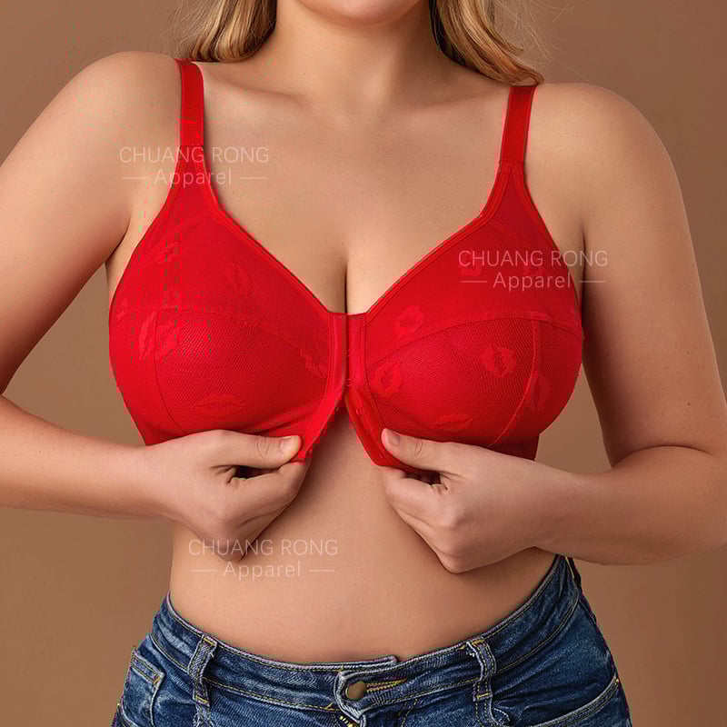 Plusz méretű vezeték nélküli melltartó elől-záródással, csipkével, nylonból, formázott kosarakkal, lélegző