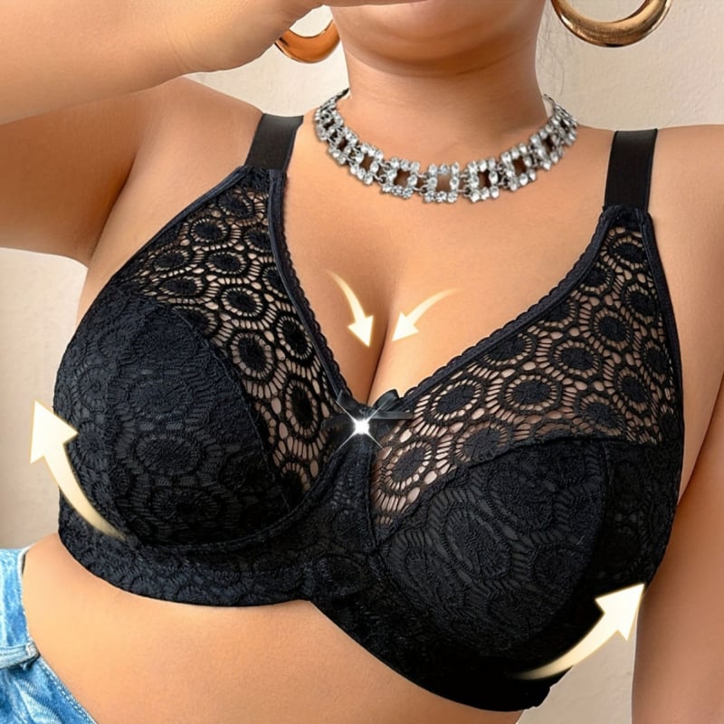 Plus-size čipkasta braletka bez žice, bez jastučića, poluprozirna mreža s floralnim uzorkom, 3/4 košarica, ultra-tanke oblikovane košarice, fiksni dvostruki kaiševi, tri reda kukica straga