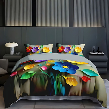 Комплект покривки за завивка от три части, флорално пасторално изображение, дигитален печат върху полиестер–котон, мек и дишащ.