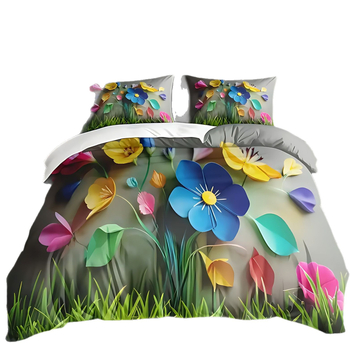 Комплект покривки за завивка от три части, флорално пасторално изображение, дигитален печат върху полиестер–котон, мек и дишащ.