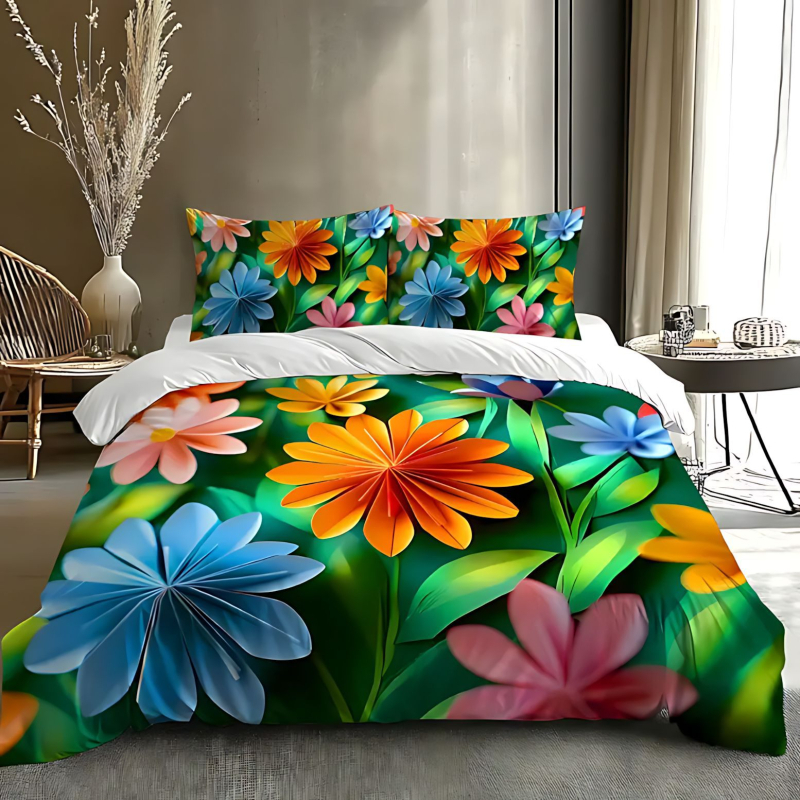 Комплект покривки за завивка от три части, флорално пасторално изображение, дигитален печат върху полиестер–котон, мек и дишащ.