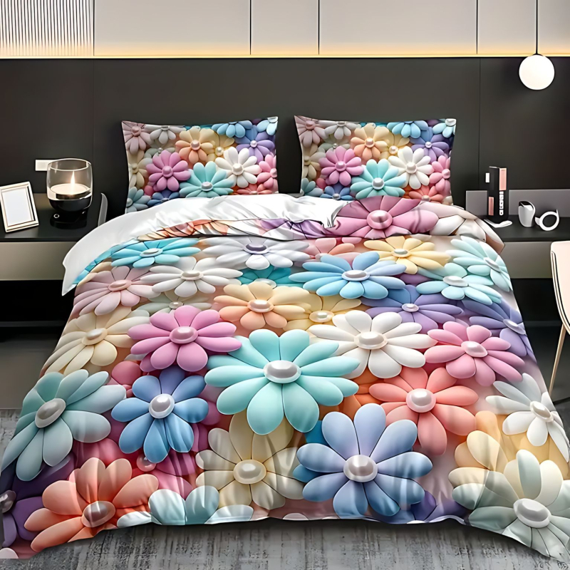 Комплект покривки за завивка от три части, флорално пасторално изображение, дигитален печат върху полиестер–котон, мек и дишащ.