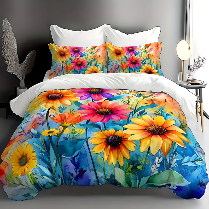 Комплект покривки за завивка от три части, флорално пасторално изображение, дигитален печат върху полиестер–котон, мек и дишащ.