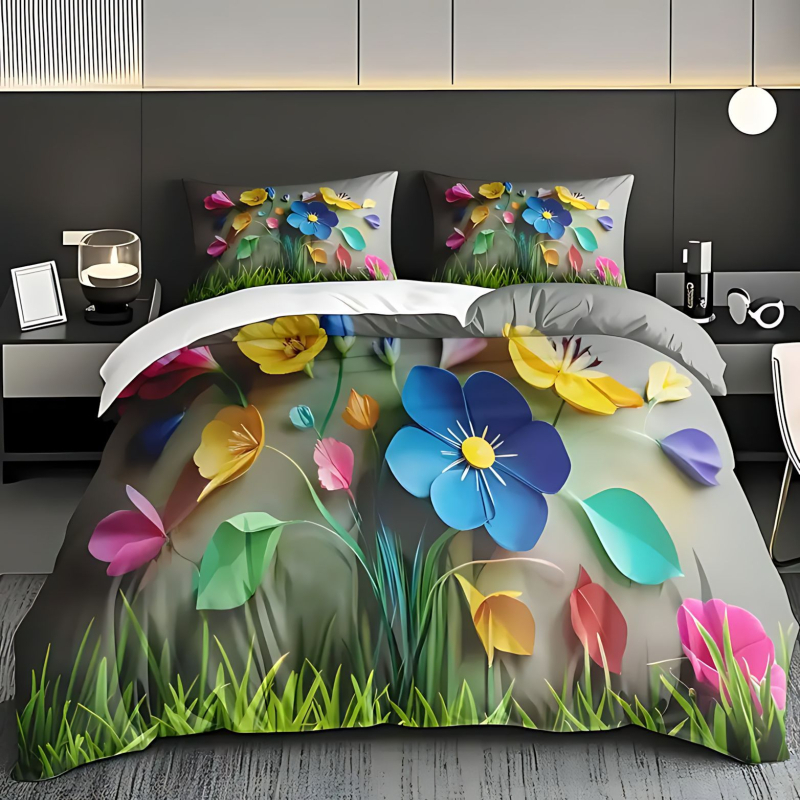 Комплект покривки за завивка от три части, флорално пасторално изображение, дигитален печат върху полиестер–котон, мек и дишащ.