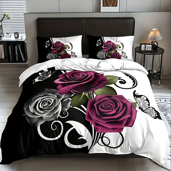 3D цифрово принтирано флорално спално бельо, тричастов комплект, полиестер-памук, флорална шарка, целогодишна употреба