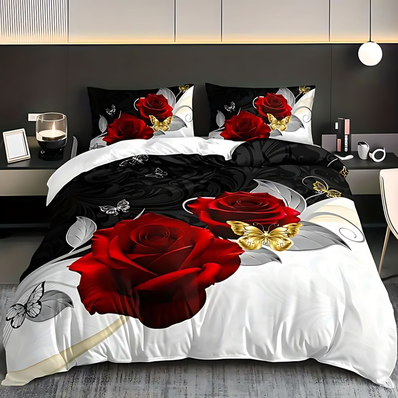 3D цифрово принтирано флорално спално бельо, тричастов комплект, полиестер-памук, флорална шарка, целогодишна употреба