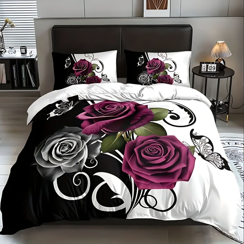 3D цифрово принтирано флорално спално бельо, тричастов комплект, полиестер-памук, флорална шарка, целогодишна употреба