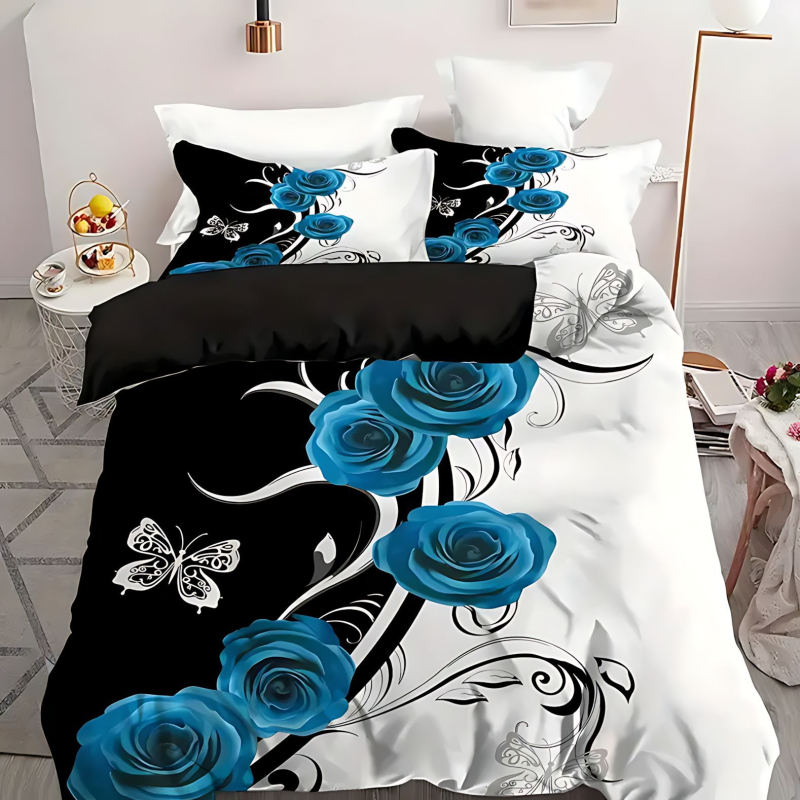 3D цифрово принтирано флорално спално бельо, тричастов комплект, полиестер-памук, флорална шарка, целогодишна употреба