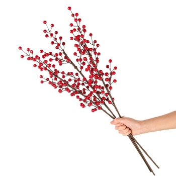 Изкуствена украса с плодове за сватби и домашен декор (Материал: пластмаса; Изработка: друго; Разновидност: червено дълго клонче зимно зелени плодове; Назначение: сватби, външна фотосесия, реквизит за фотография, домашен декор)