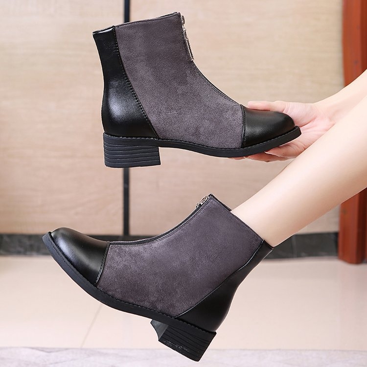 Модни ботуши от набук със предна ципа, средно голенище, кръгъл нос, каучукова подметка (набук; предна ципа; средно голенище; кръгъл нос; каучукова подметка)