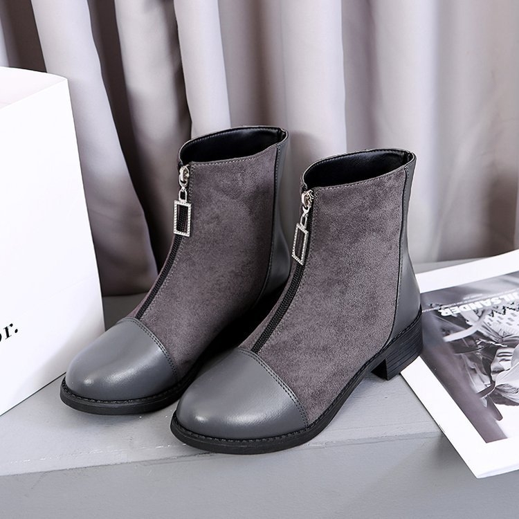 Модни ботуши от набук със предна ципа, средно голенище, кръгъл нос, каучукова подметка (набук; предна ципа; средно голенище; кръгъл нос; каучукова подметка)