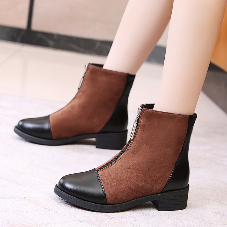 Модни ботуши от набук със предна ципа, средно голенище, кръгъл нос, каучукова подметка (набук; предна ципа; средно голенище; кръгъл нос; каучукова подметка)