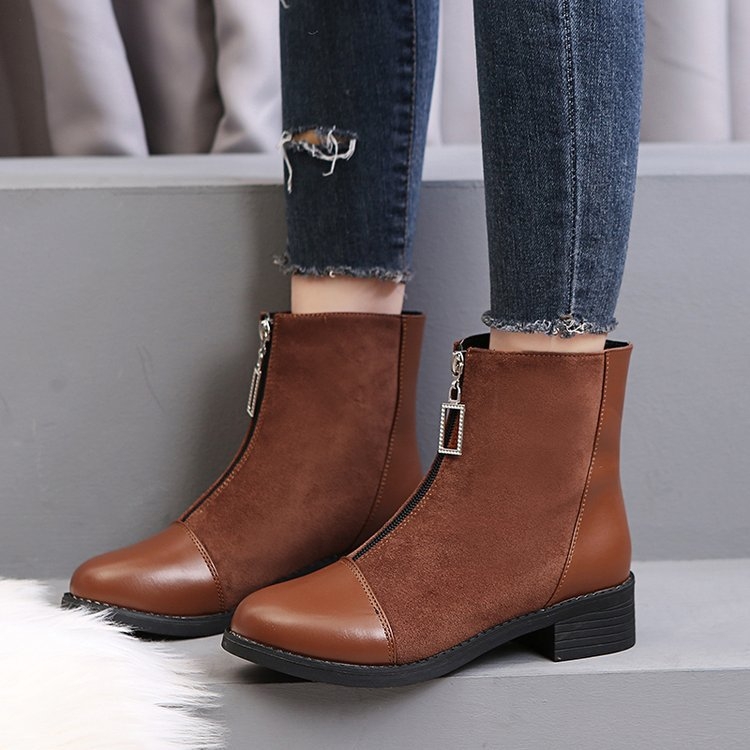 Модни ботуши от набук със предна ципа, средно голенище, кръгъл нос, каучукова подметка (набук; предна ципа; средно голенище; кръгъл нос; каучукова подметка)