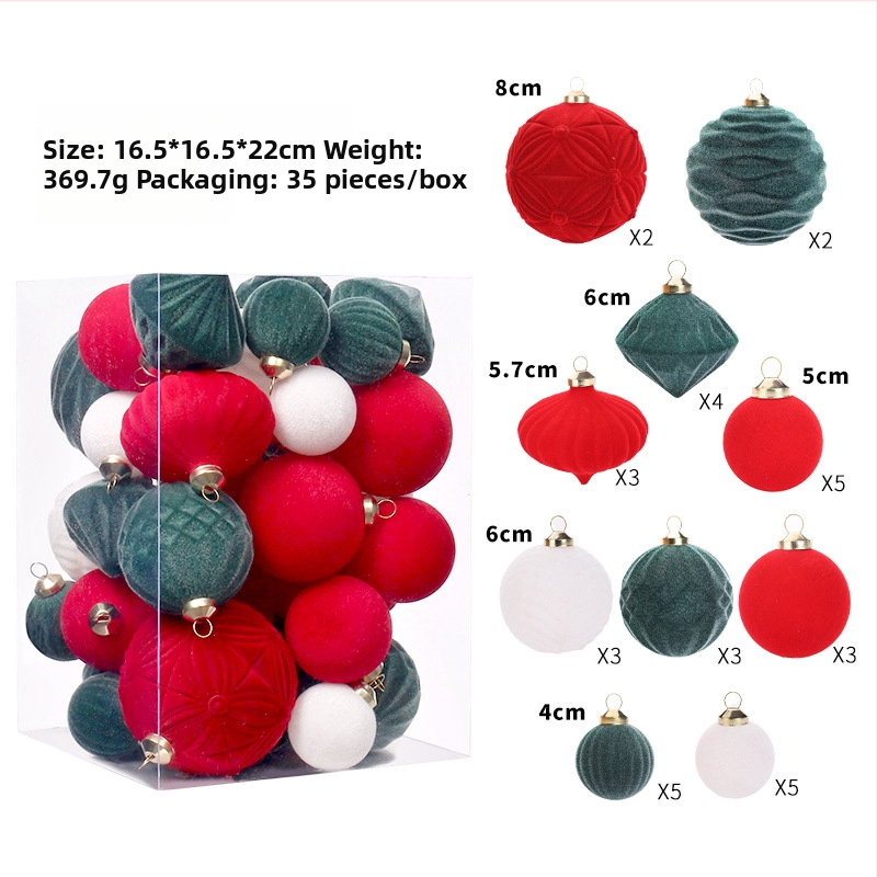 Set vianočných ozdôb, 35 flokovaných guličiek s príveskami na stromček, v darčekovej krabici – materiál: plast; štýl: moderný minimalistický; výrobný proces: poloautomatický, polomanuálny