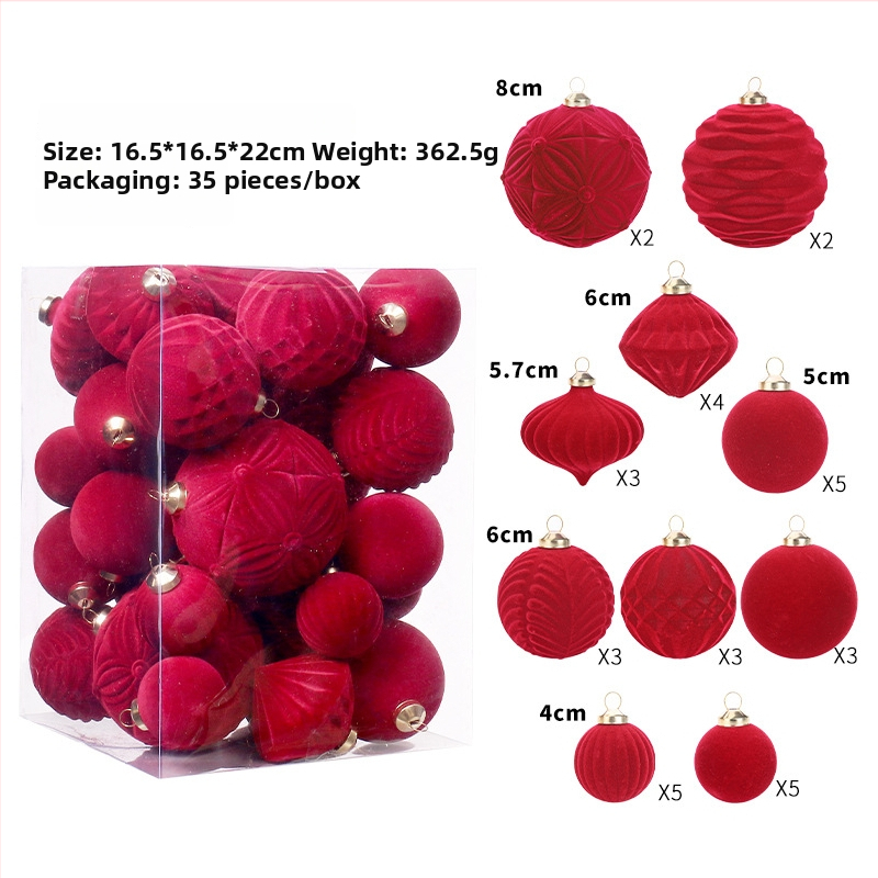 Set vianočných ozdôb, 35 flokovaných guličiek s príveskami na stromček, v darčekovej krabici – materiál: plast; štýl: moderný minimalistický; výrobný proces: poloautomatický, polomanuálny