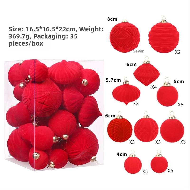 Set vianočných ozdôb, 35 flokovaných guličiek s príveskami na stromček, v darčekovej krabici – materiál: plast; štýl: moderný minimalistický; výrobný proces: poloautomatický, polomanuálny