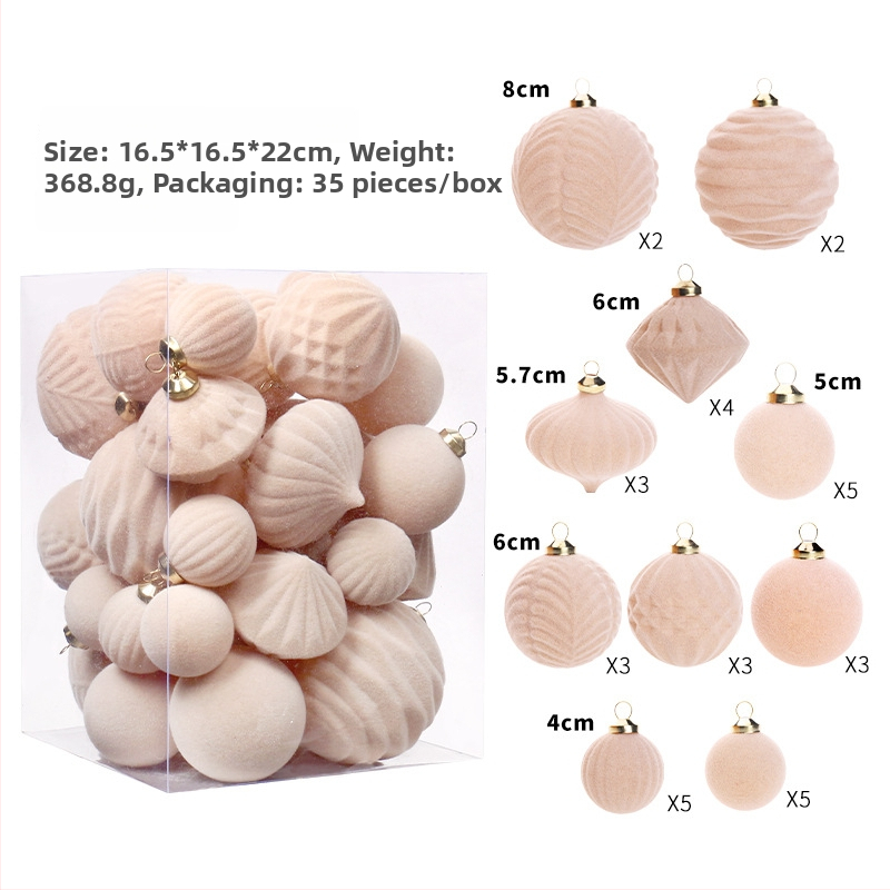 Set vianočných ozdôb, 35 flokovaných guličiek s príveskami na stromček, v darčekovej krabici – materiál: plast; štýl: moderný minimalistický; výrobný proces: poloautomatický, polomanuálny