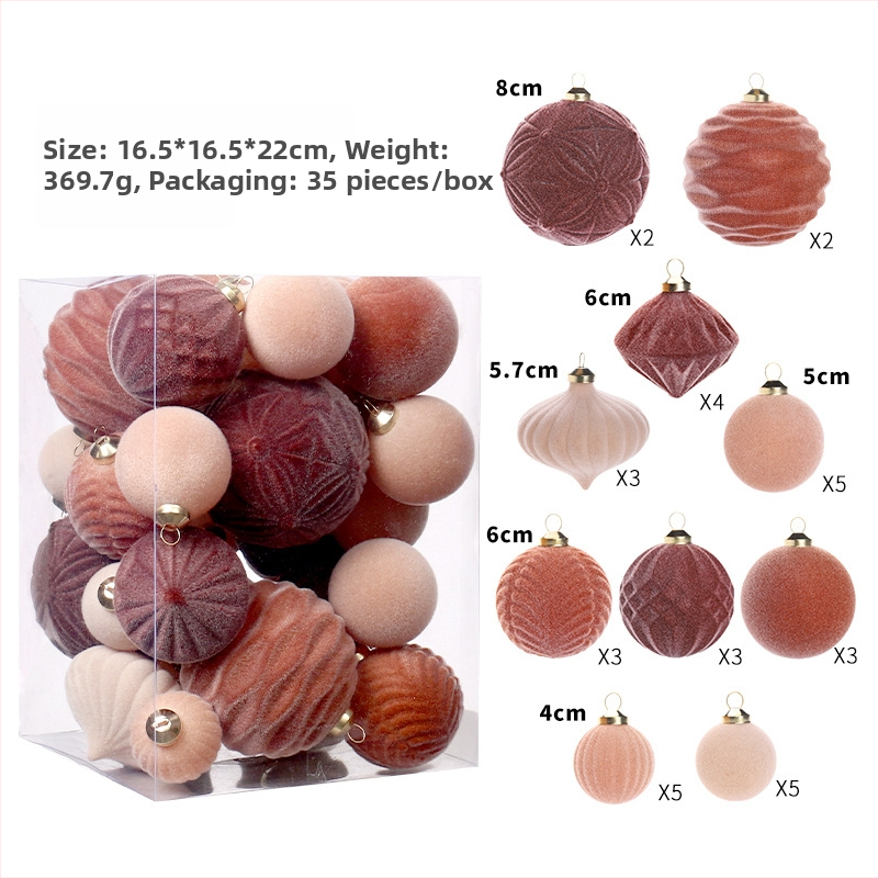 Set vianočných ozdôb, 35 flokovaných guličiek s príveskami na stromček, v darčekovej krabici – materiál: plast; štýl: moderný minimalistický; výrobný proces: poloautomatický, polomanuálny