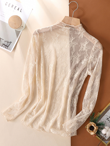 Dámsky čipkovaný top zo sieťovinového materiálu, polyester, jednofarebný, dlhé rukávy, polovičný golier