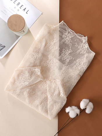 Dámsky čipkovaný top zo sieťovinového materiálu, polyester, jednofarebný, dlhé rukávy, polovičný golier