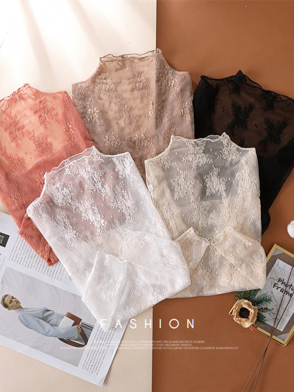 Dámsky čipkovaný top zo sieťovinového materiálu, polyester, jednofarebný, dlhé rukávy, polovičný golier