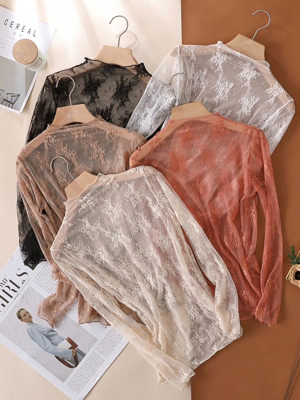 Dámsky čipkovaný top zo sieťovinového materiálu, polyester, jednofarebný, dlhé rukávy, polovičný golier