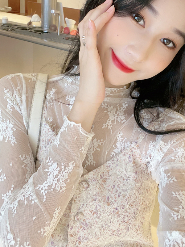 Dámsky čipkovaný top zo sieťovinového materiálu, polyester, jednofarebný, dlhé rukávy, polovičný golier