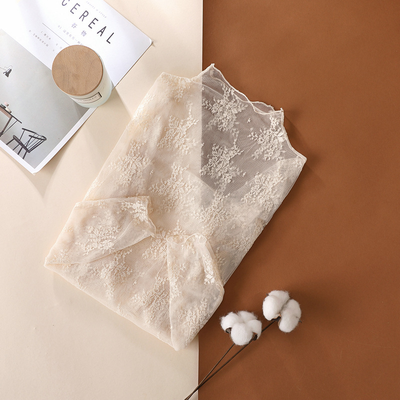 Dámsky čipkovaný top zo sieťovinového materiálu, polyester, jednofarebný, dlhé rukávy, polovičný golier