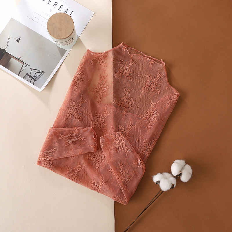 Dámsky čipkovaný top zo sieťovinového materiálu, polyester, jednofarebný, dlhé rukávy, polovičný golier