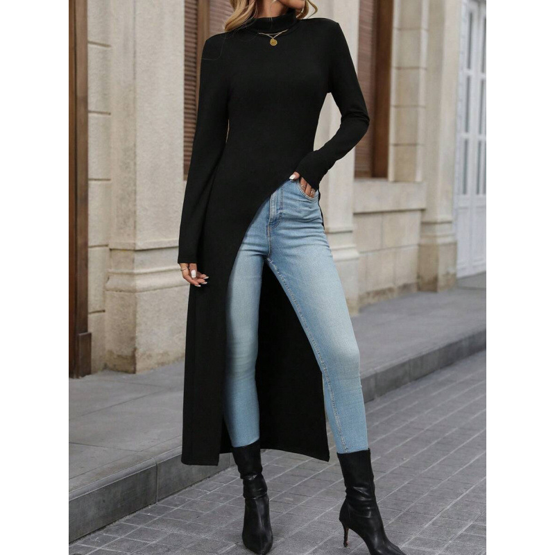 Polüestermaterjalist T-särk kleit pikkade varrukatega, poolkõrge kaelas, ebaühtlane äär ja patchwork kujundus