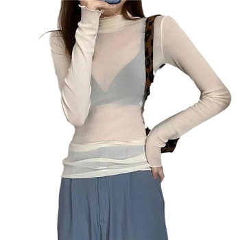 Ženska čipkasta donja majica za bazu, dugi rukav, slim fit, poliester 80–90%, polu-visoki ovratnik, bez glačanja