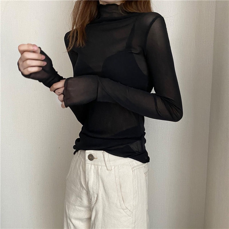 Ženska čipkasta donja majica za bazu, dugi rukav, slim fit, poliester 80–90%, polu-visoki ovratnik, bez glačanja