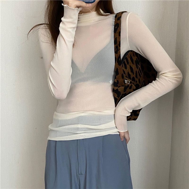 Ženska čipkasta donja majica za bazu, dugi rukav, slim fit, poliester 80–90%, polu-visoki ovratnik, bez glačanja