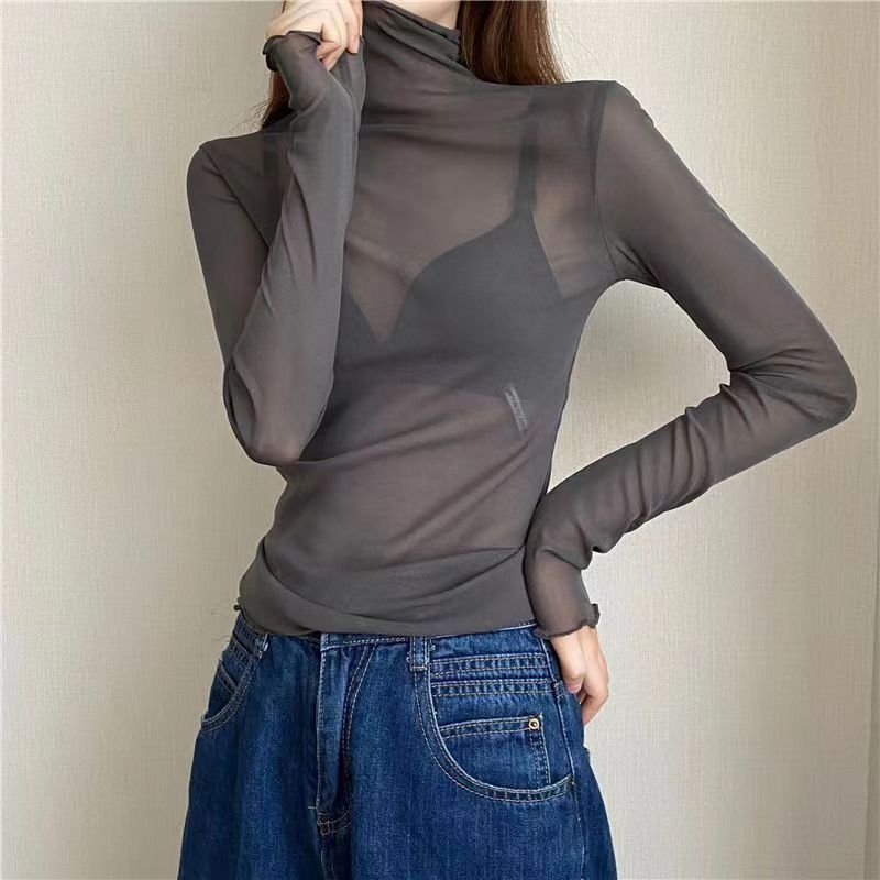 Ženska čipkasta donja majica za bazu, dugi rukav, slim fit, poliester 80–90%, polu-visoki ovratnik, bez glačanja