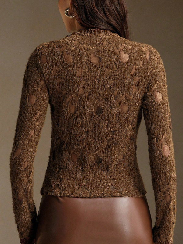 Čipkový top s 3D kvetinovou výšivkou, úzky strih, dlhé rukávy, polovičný vysoký golier